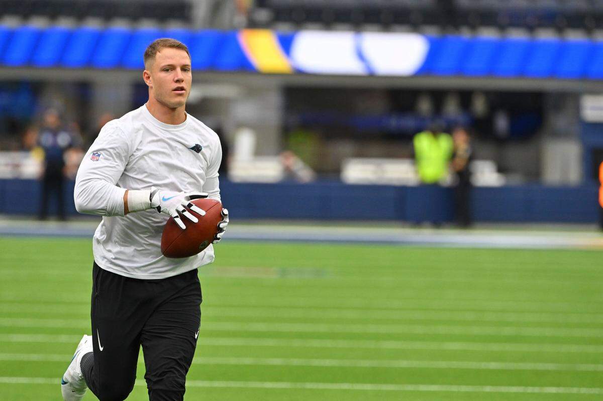 Carolina Panthers running back Christian McCaffrey warms up before an NFL football game against the Los Angeles Rams Sunday, Oct. 16, 2022, in Inglewood, Calif.
