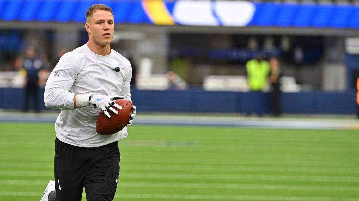 Carolina Panthers running back Christian McCaffrey warms up before an NFL football game against the Los Angeles Rams Sunday, Oct. 16, 2022, in Inglewood, Calif.
