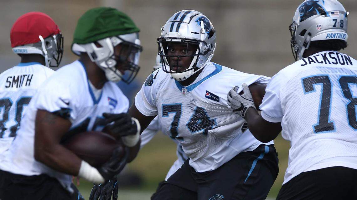 Defensive tackle Kendrick Norton (74) competes in Day 1 of the Carolina Panthers' rookie mini camp on Friday, May 11, 2018.