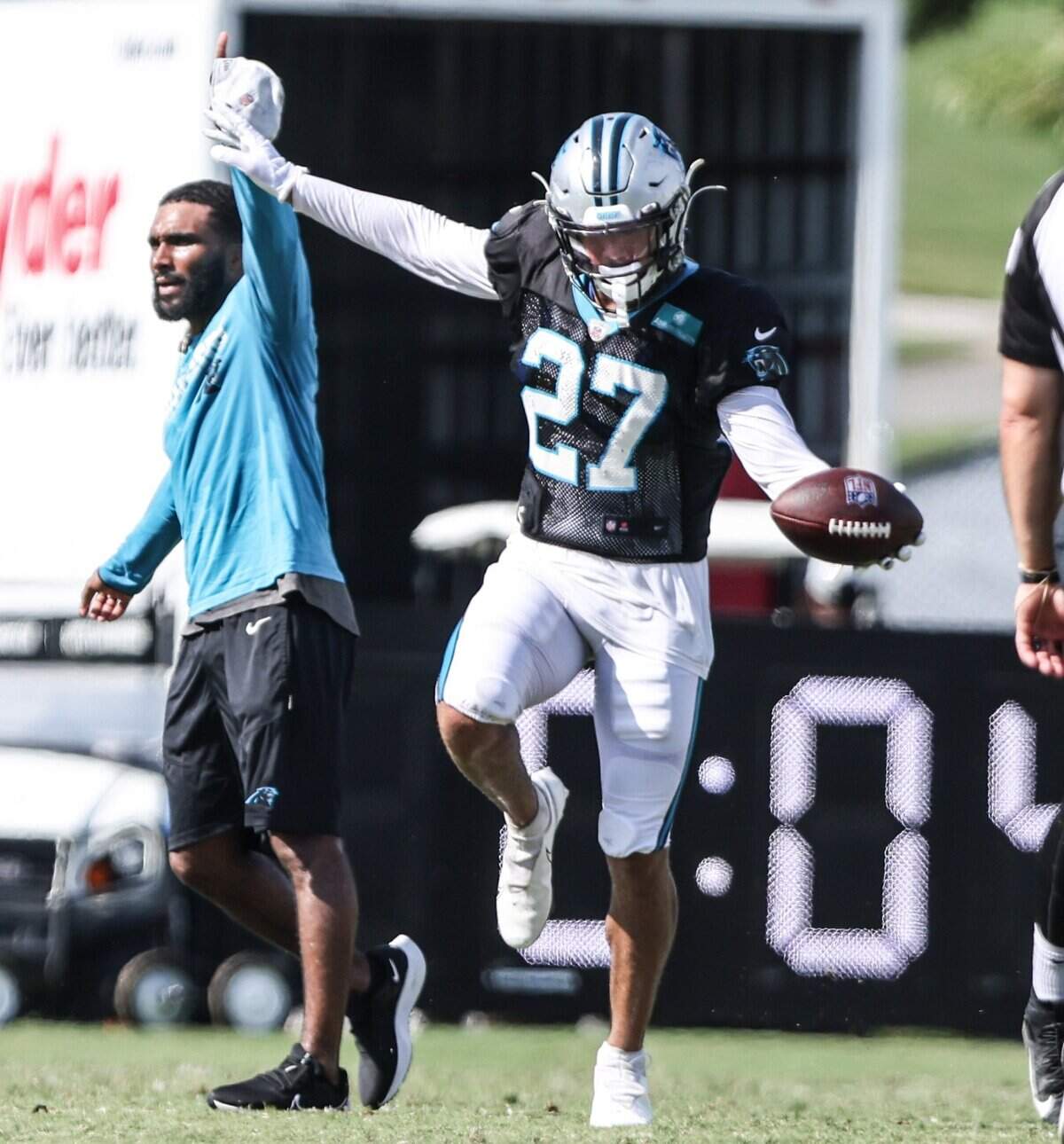Carolina Panthers Kenny Robinson dances during the joint practice with the Baltimore Ravens in Spartanburg, S.C., on Thursday, August 19, 2021.