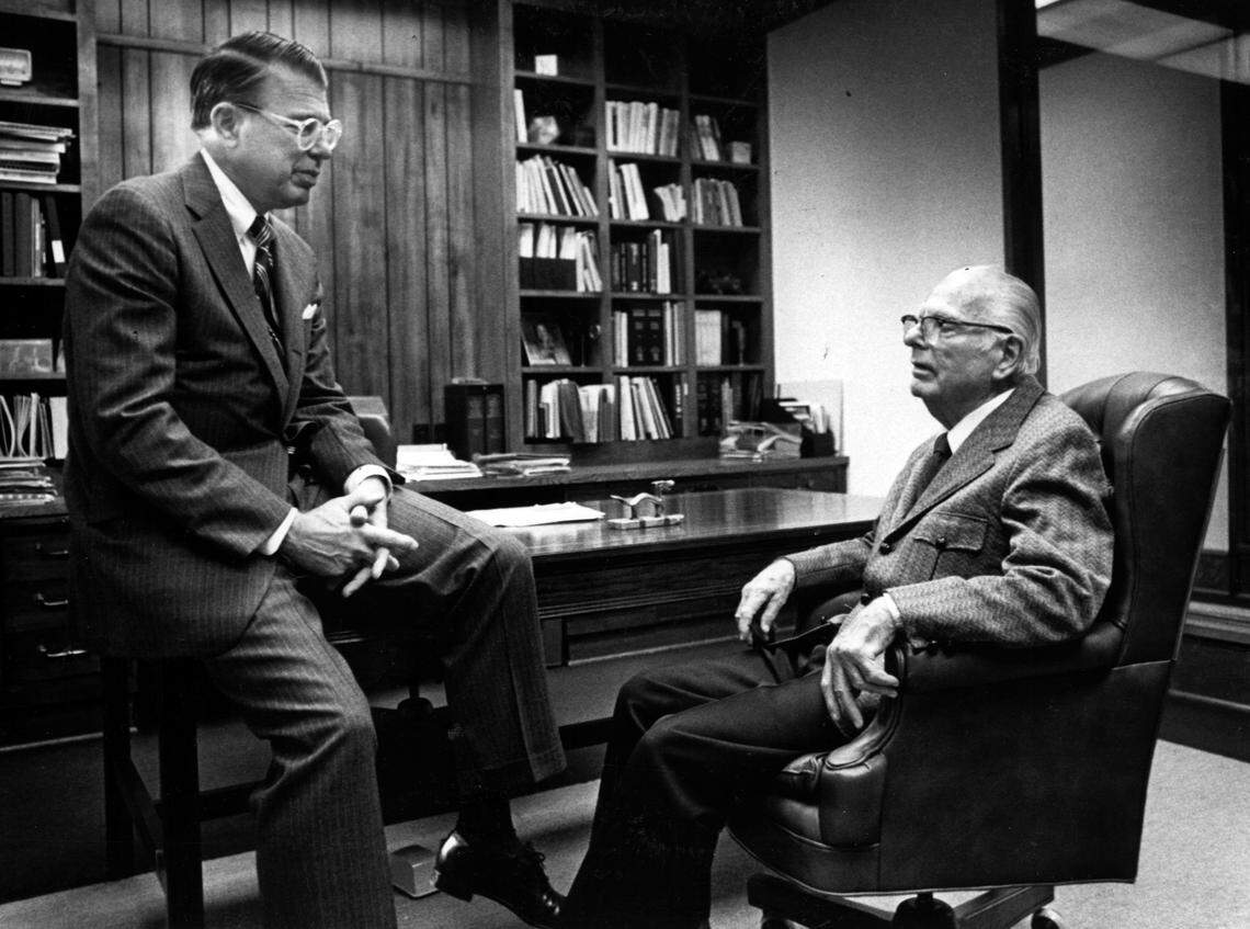 C.D. Spangler Jr., left, with his father in 1982.  “His father was not very flamboyant, not very pretentious, even when he became very well known he was still that way,” says Ham Wade.  Spangler Sr. was best man at his son’s wedding.