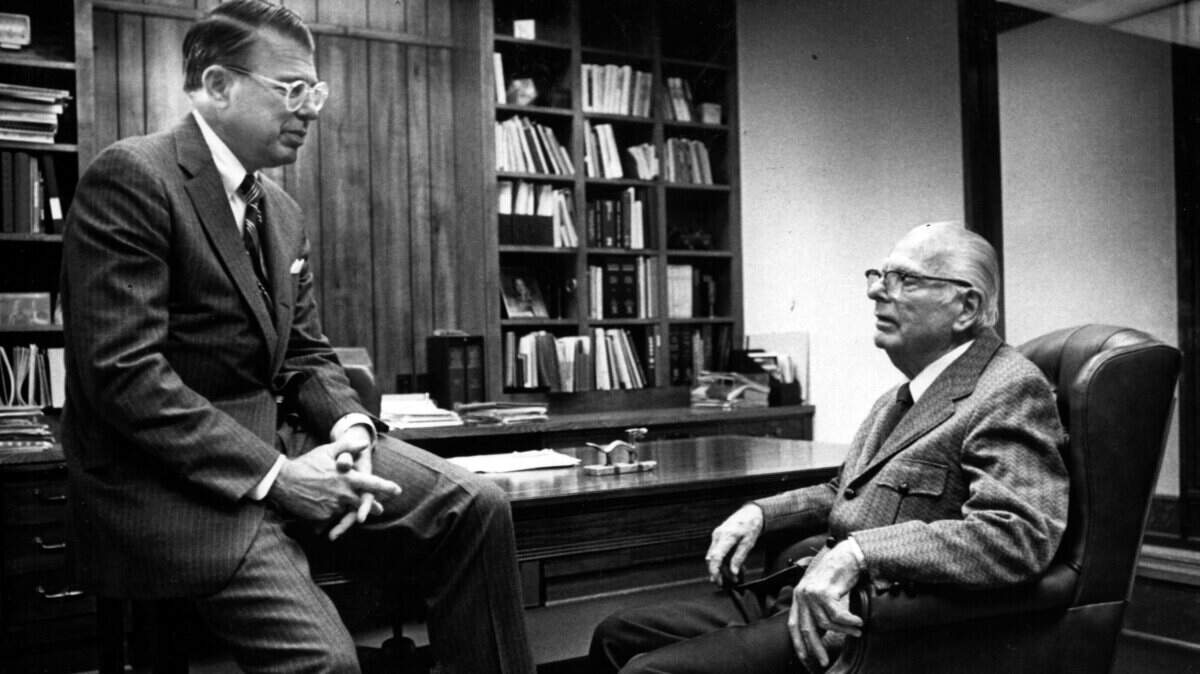 C.D. Spangler Jr., left, with his father in 1982.  “His father was not very flamboyant, not very pretentious, even when he became very well known he was still that way,” says Ham Wade.  Spangler Sr. was best man at his son’s wedding.