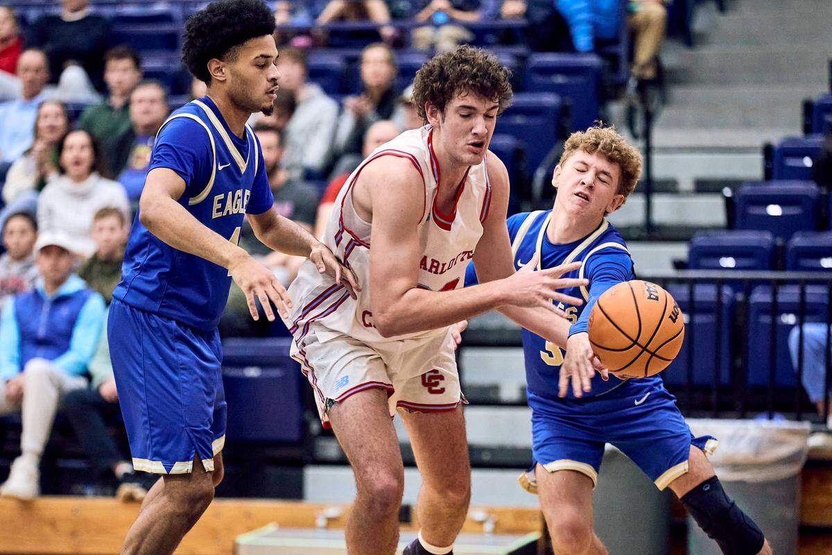 Charlotte Catholic forward Keaton McKinstry (24) has the ball deflected out of their hands in the first half of the 2025 Charlotte Latin Invitational Finals against SouthLake Christian Academy.