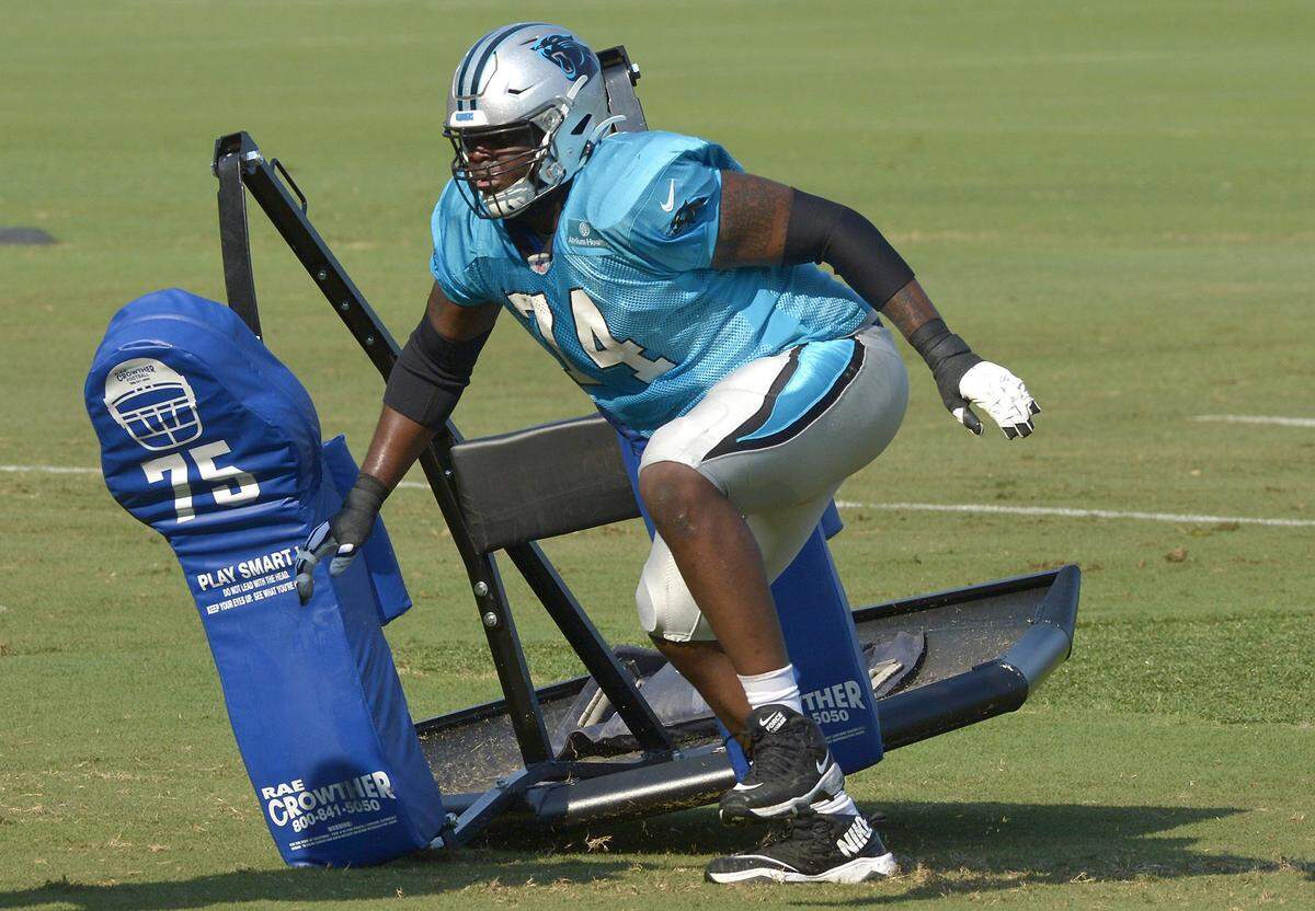 Carolina Panthers tackle Greg Little rushes around a skid during practice at Wofford College in Spartanburg, SC in 2019.