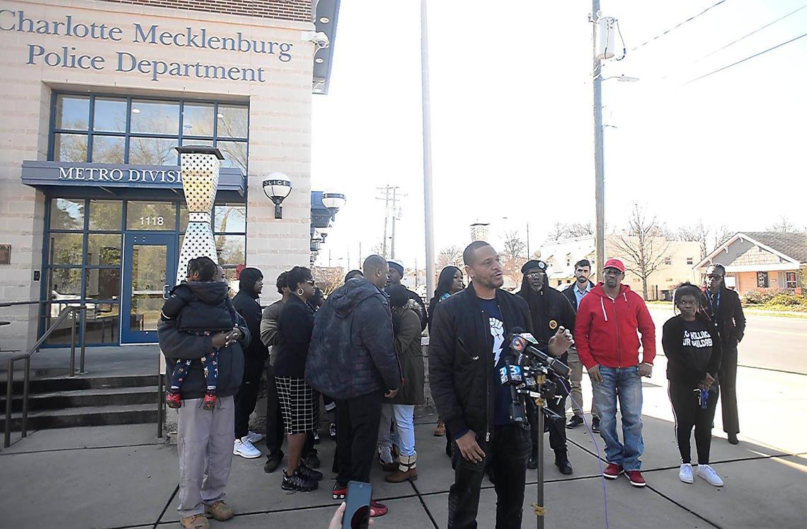 Gemini Boyd  leads a press conference protest for the death of Harold Easter, in front of the Metro Division of Charlotte-Mecklenburg Police Department on Tuesday, January 28, 2020. Easter died on Sunday after being arrested on Thursday. Officers involved were put on leave as part of the investigation.