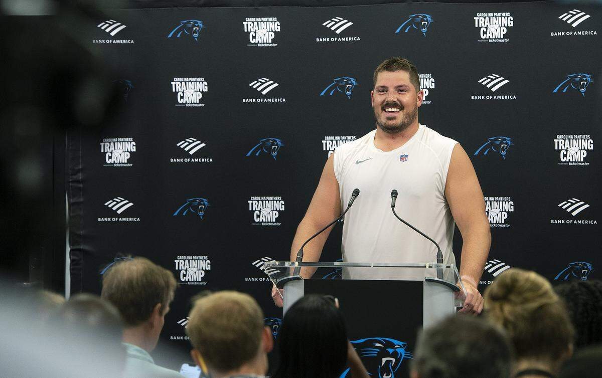 Panthers #63, Austin Corbett, was one of two Panthers players who spoke to the media after practice Saturday. Fans celebrated the return of Panthers’ football during practice at Bank of America Stadium on Saturday, July 27, 2024 as part of the annual Back Together Saturday event. Practice, which began at 9:30 a.m., included performances by the Panthers entertainment group and activities for fans. Fans cheered on players like Bryce Young (#9), Xavier Legette (#17), Damien Lewis (#68) and head coach Dave Canales.