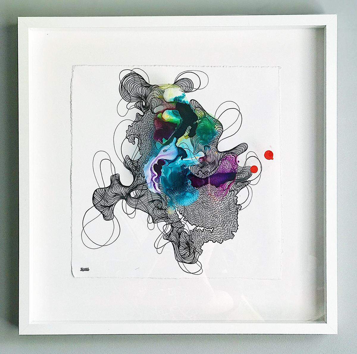 Abstract patterns and lines in repetition characterize Owl’s art. This mixed media piece by Owl is called “Constellation.”