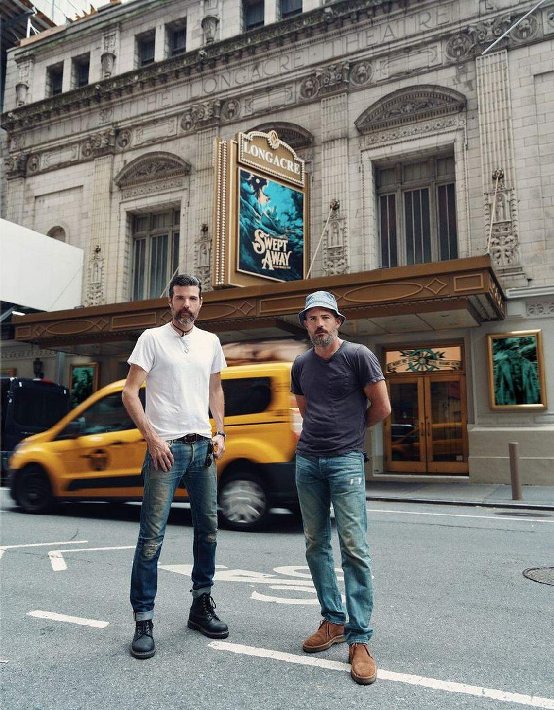 Seth Avett, left, and his brother Scott Avett, on Broadway at the Longacre Theatre, where their new musical “Swept Away” will debut Oct. 29.