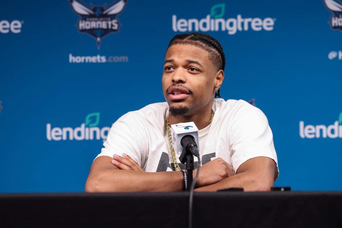 Hornets guard Dennis Smith, Jr. during interviews wrapping up the end of the Hornets’ season at Spectrum Center on Monday, April 10, 2023.