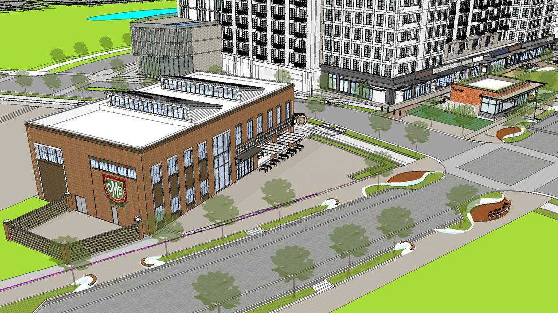 An aerial rendering of The Olde Mecklenburg Brewery plans as the anchor tenant for a proposed mixed-use facility in Balantyne, The Bowl at Ballantyne.