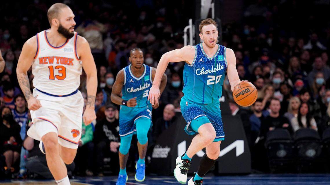 Charlotte Hornets forward Gordon Hayward (20) drives the ball up the court during the first half of an NBA basketball game against the New York Knicks, Monday, Jan. 17, 2022, in New York. (AP Photo/John Minchillo)
