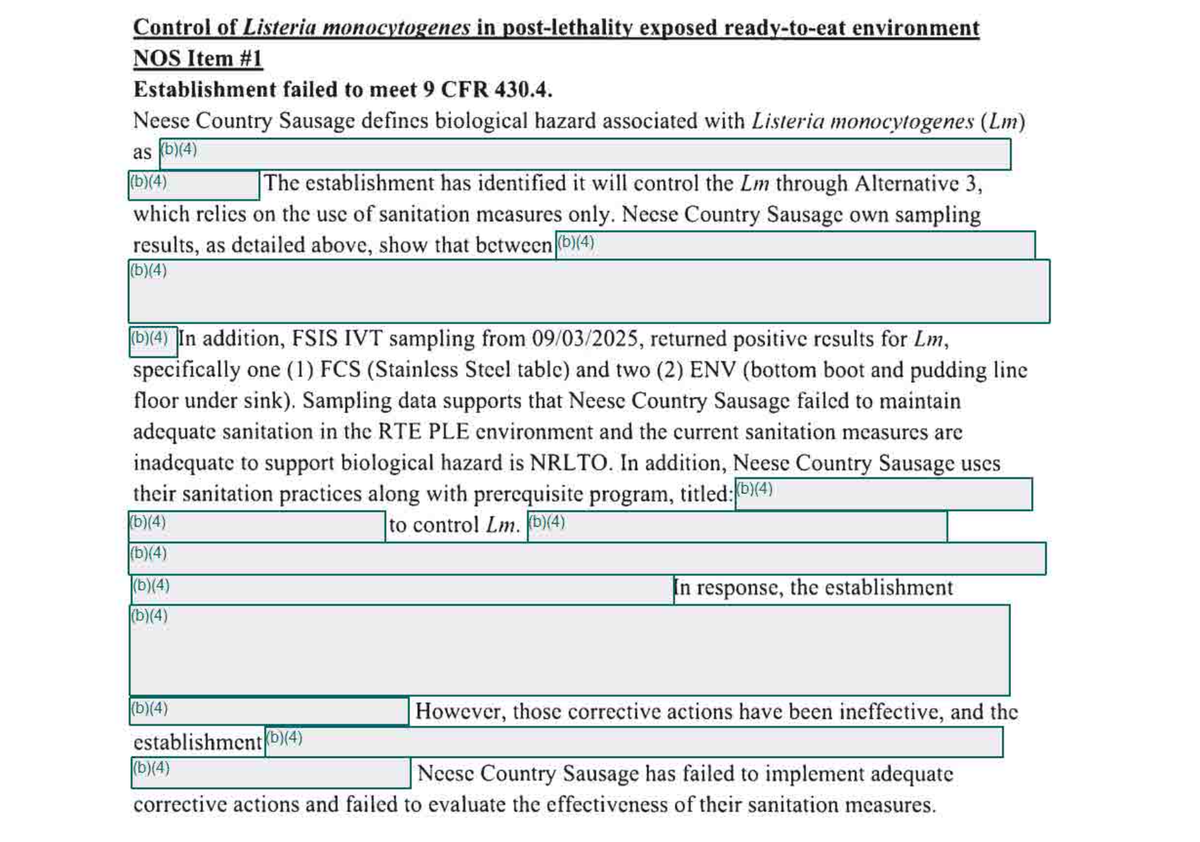 This screenshot shows a portion of the USDA Food Safety and Inspection Service’s Sept. 11, 2025, letter that partially suspended production at Neese’s Country Sausage in Greeensboro, NC. Some information has been redacted.