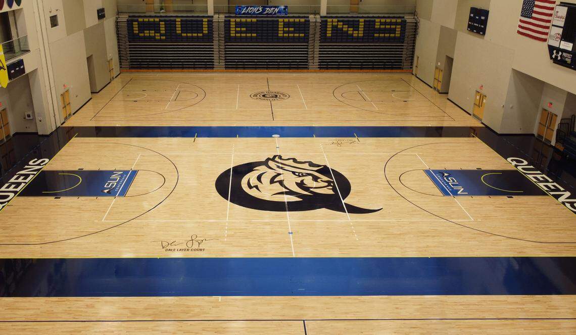 The new branding on the newly refinished courts of Curry Arena, home of Queens University of Charlotte basketball, volleyball, and wrestling.  