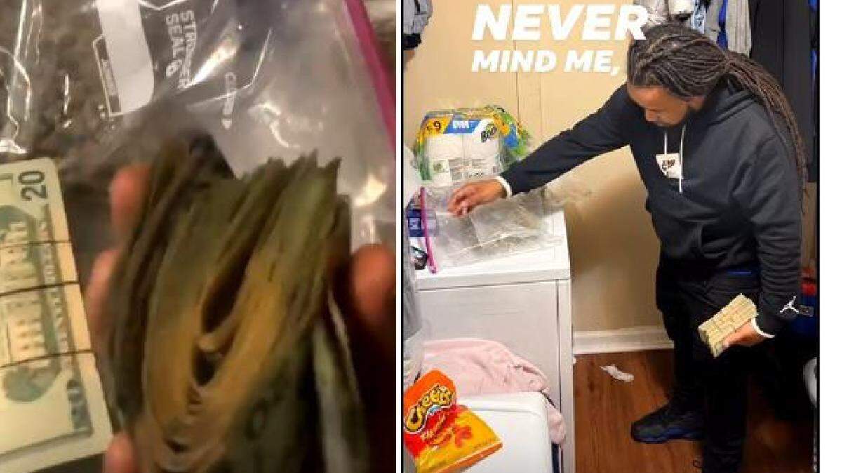 In a screen grab taken from a Facebook video, a man identified in court documents as Joseph Banks of Charlotte poses with a large amount of cash and marijuana in a laundry room. Photos courtesy of the federal courts in the Western District of North Carolina.