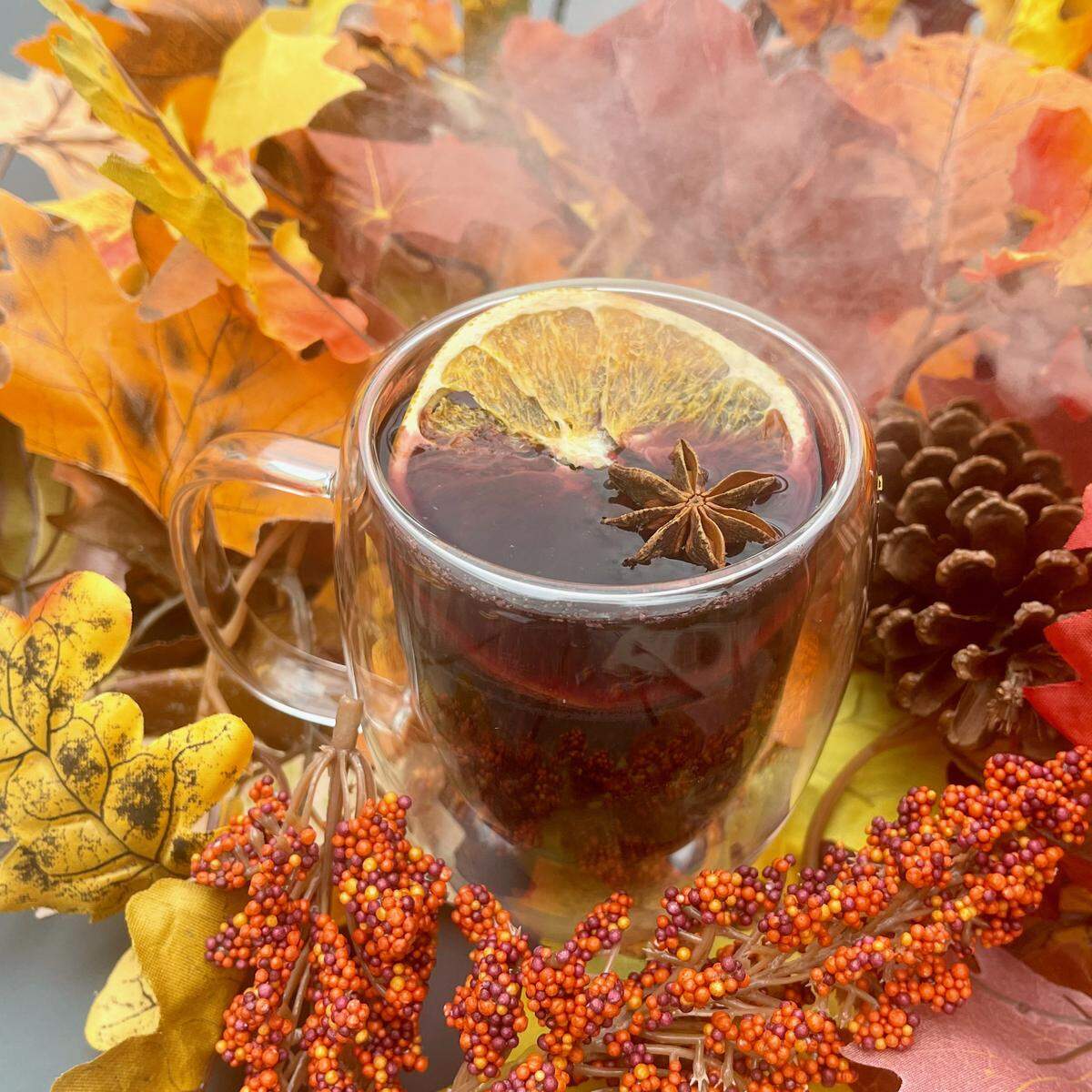 You can drink a mulled wine (shown) or a cider mimosa at Skiptown’s Fall Fest. 
