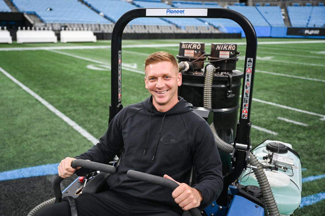 Danny Lostio, Director of Sports Fields & Grounds, works with his team to transition the field from an NFL game and prepp it for the MLS game on Tuesday night, at Bank of America Stadium in Charlotte, NC on Sunday, October 26, 2025.