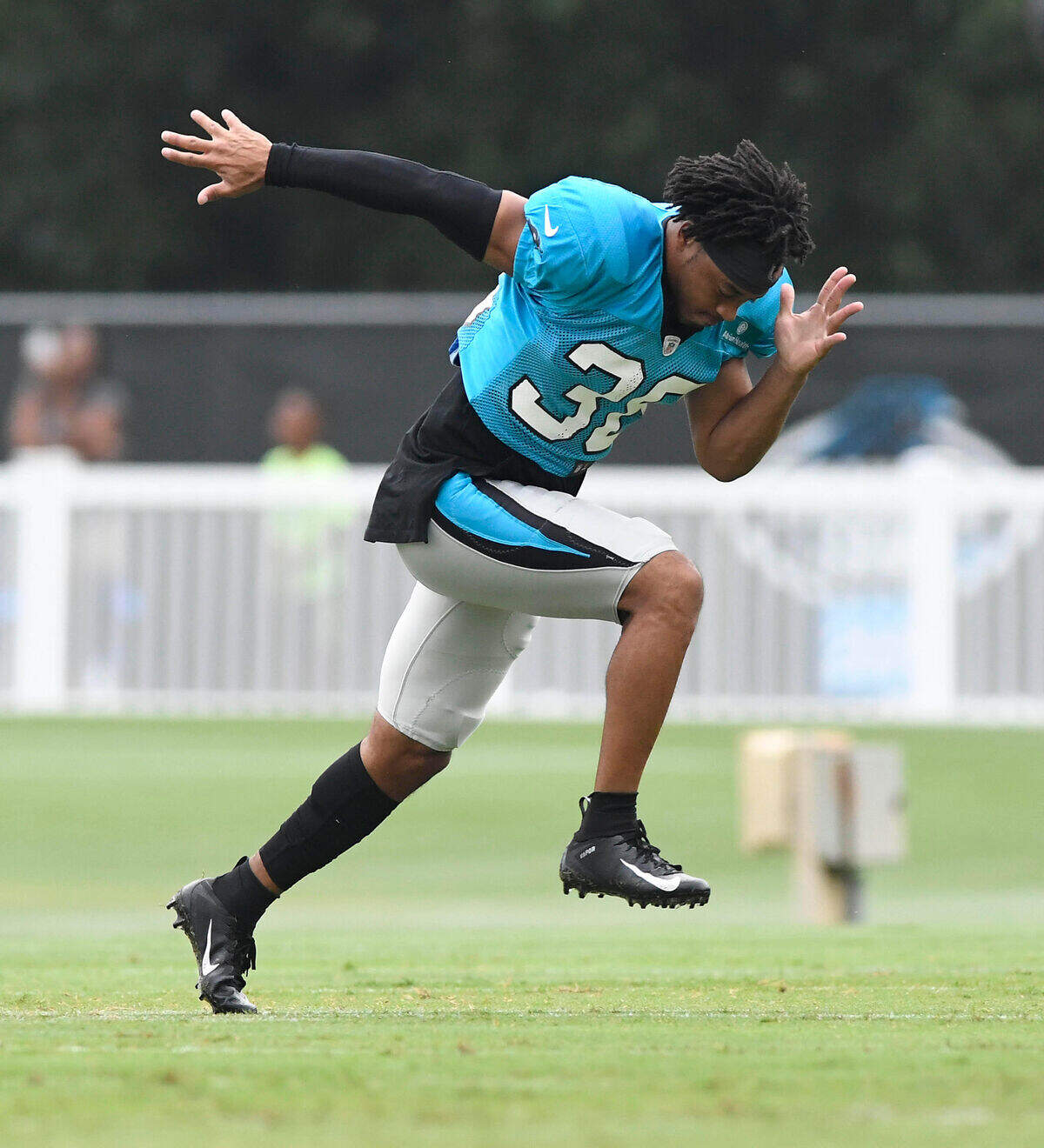Carolina Panthers cornerback Javien Elliott (38) only played one season of college football and was an undrafted free agent when he entered the NFL.