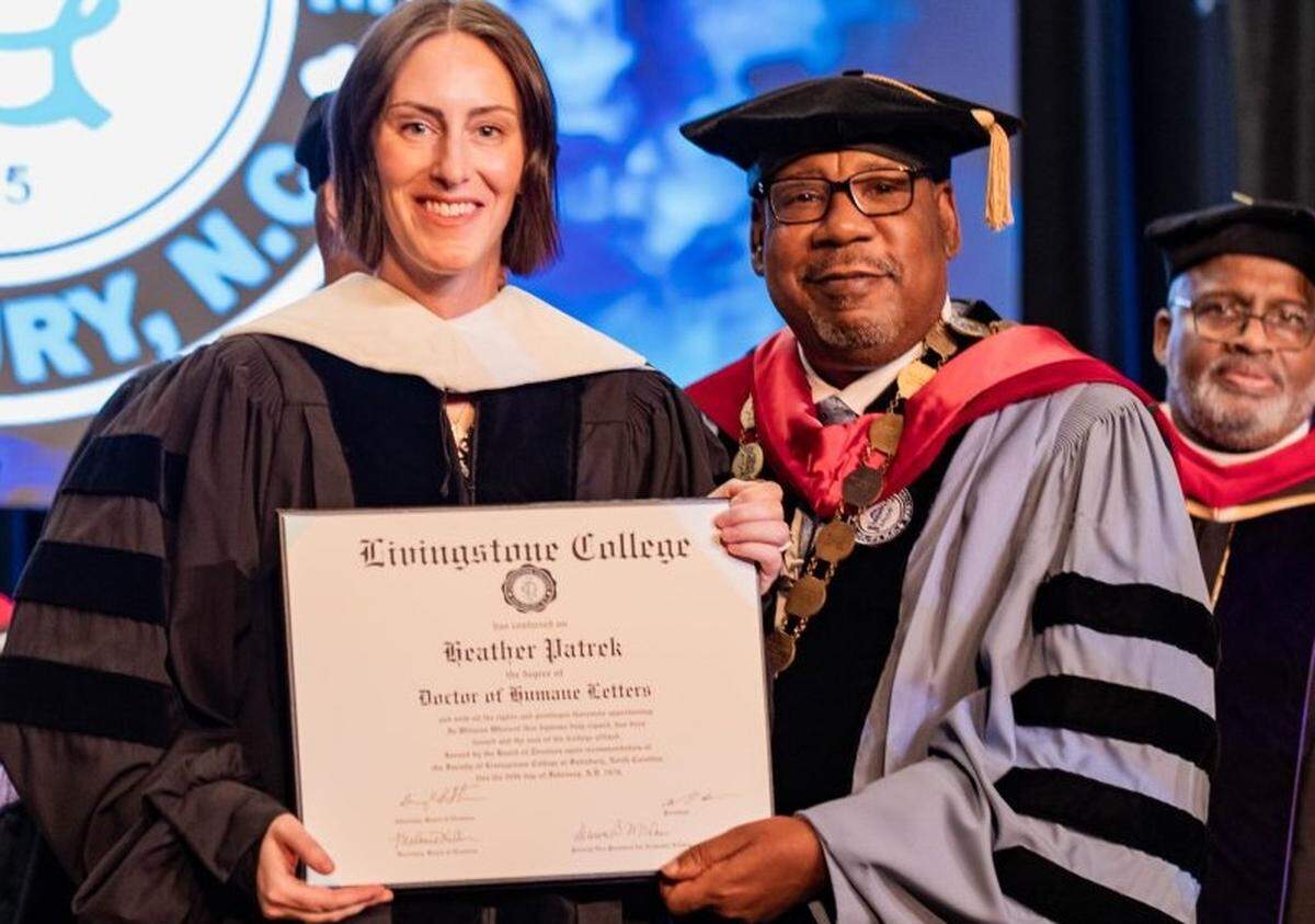 Heather Patrek and Dr. Anthony J. Davis pose together with her honorary doctorate earlier this month at Livingstone College’s Founder’s Day.