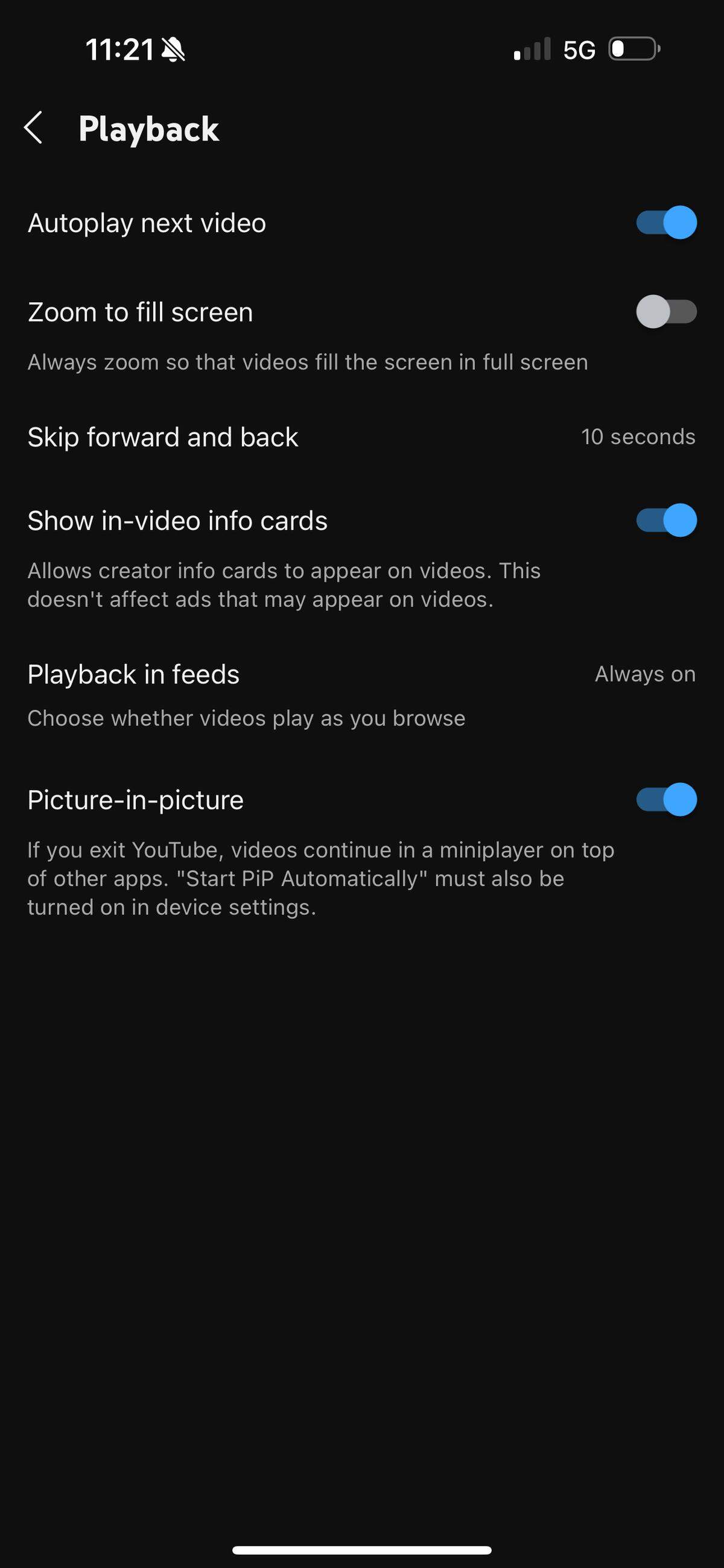 This screenshot shows the “Playback” page on the YouTube app.