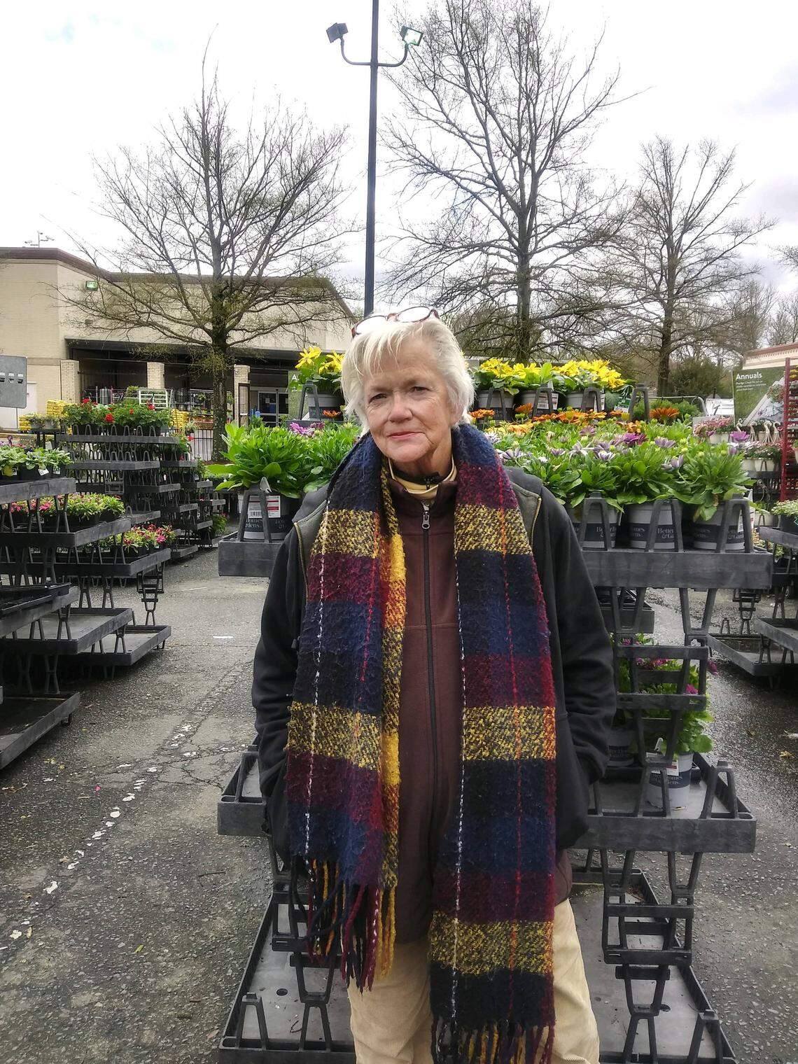 Joette Tavernise, photographed at the Arboretum Shopping Center in March. (She was living at the shelter at the time, but making daily trips from there to the Arboretum to learn the public bus system.)