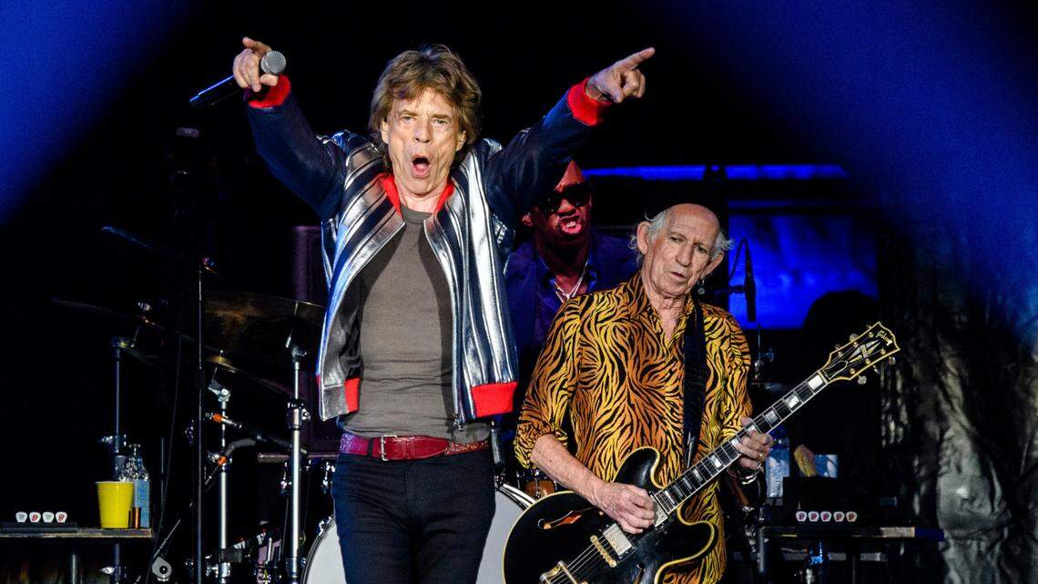 Mick Jagger, from left, and Keith Richards of the Rolling Stones perform during the “No Filter” tour at The Dome at America’s Center, Sunday, Sept. 26, 2021, in St. Louis. Jagger performs at Bank of America Stadium in Charlotte on Thursday night, Sept. 30, 2021, and showed up the night before to enjoy a beer at Charlotte’s icon dive bar, The Thirsty Beaver.