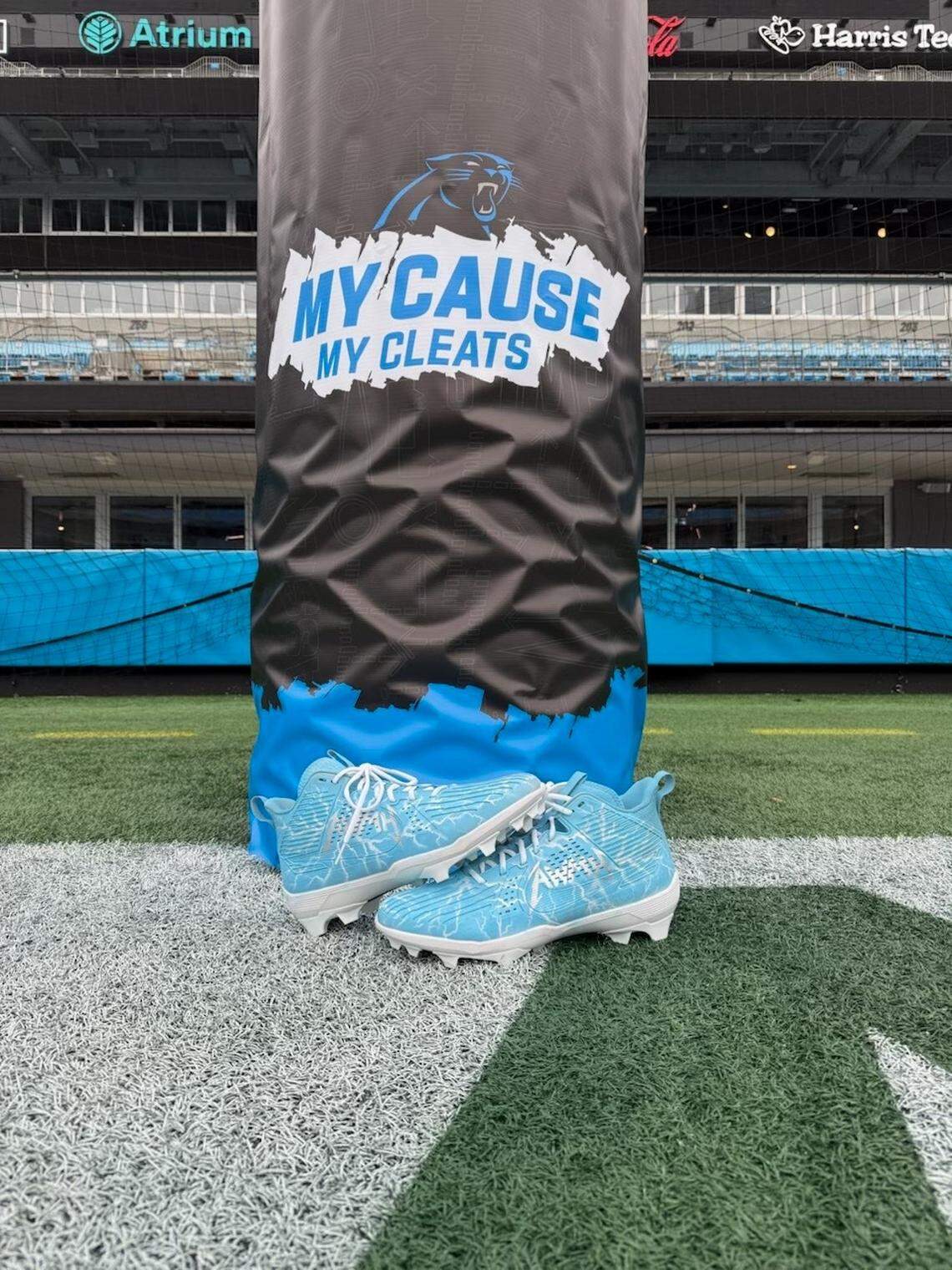 Carolina Panthers offensive lineman Austin Corbett’s “My Cause, My Cleats” cleats are displayed on the Bank of America Stadium turf.