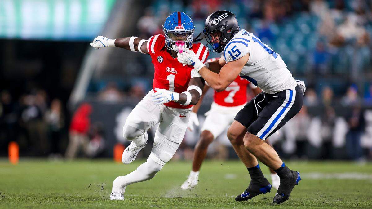 Ole Miss edge rusher Princely Umanmielen works against Duke tight end Jake Taylor during their 2024 game.