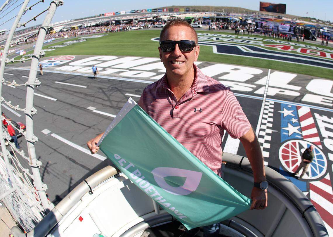 CONCORD, NORTH CAROLINA - OCTOBER 13: Honorary Starter, former NASCAR Cup Series driver, Greg Biffle poses with the green flag in the flagstand prior to the NASCAR Cup Series Bank of America ROVAL 400 at Charlotte Motor Speedway on October 13, 2024 in Concord, North Carolina. (Photo by Meg Oliphant/Getty Images)
