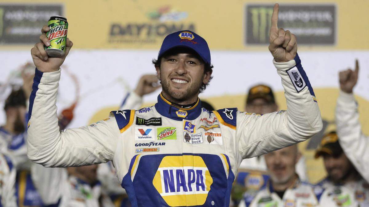Chase Elliott celebrates in Victory Lane after winning the second of two qualifying races for the NASCAR Daytona 500 auto race at Daytona International Speedway in Daytona Beach, Fla., Thursday, Feb. 15, 2018. (AP Photo/Chuck Burton)