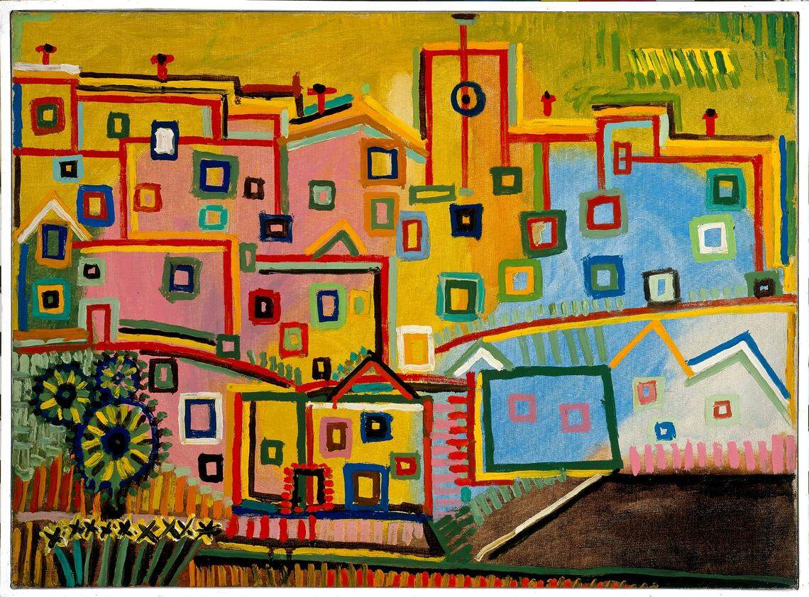 One of the paintings in the exhibition is this by Pablo Picasso, “Mediterranean Village (Village méditerranéen), Mougins,” Sept. 6, 1937.
