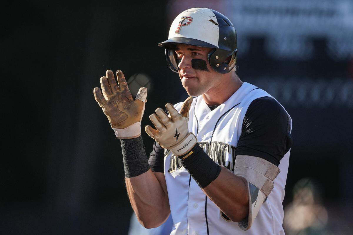 Providence's Jackson Debe (6) reacts during the first inning of a NCHSAA playoff baseball game against Myers Park, Tuesday, May 19, 2026, in Charlotte, N.C.