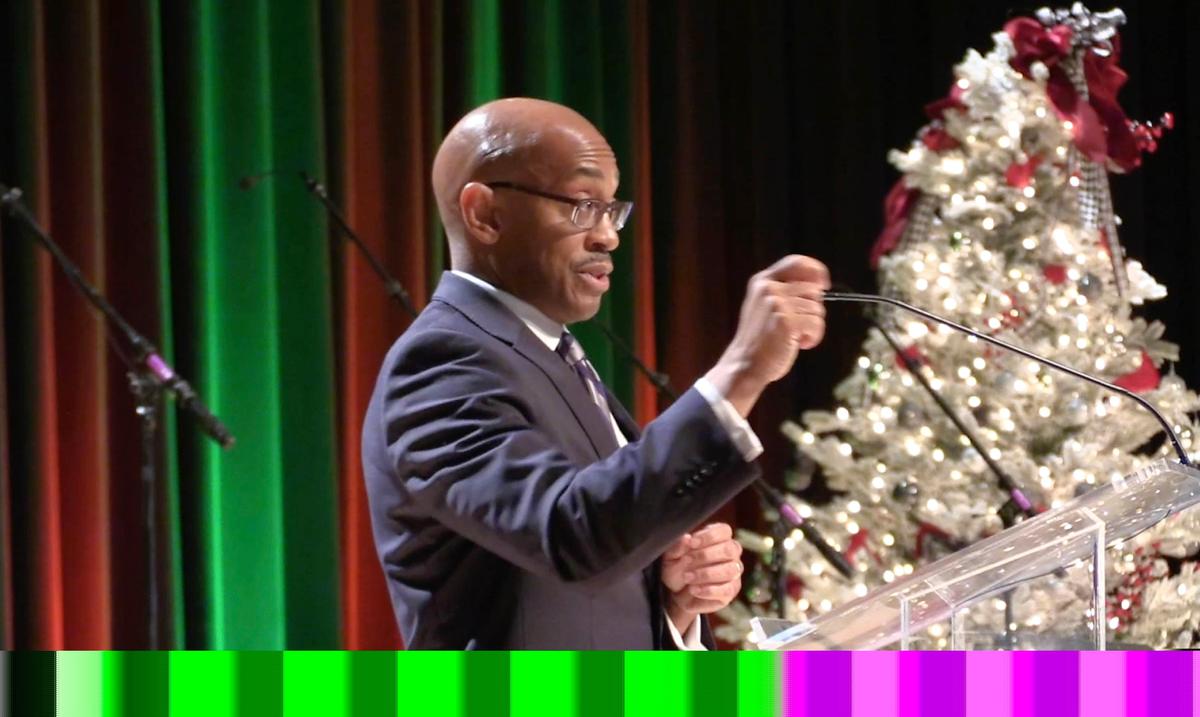 Marcus Jones, Charlotte City Manager, talks about a family being helped by The Good Fellows Club during the 102nd annual Good Fellows Club Christmas Luncheon in the Crown Ballroom of the NASCAR Hall of Fame on Wednesday, December 12, 2018. The event raises money for local families in emergency need throughout the year, primarily with rent and utility payments to keep them from living on the streets. Founded in 1917, the Good Fellows Club has about 1,700 members in the greater Charlotte area, men who’ve raised $3.6 million in the past five. The club assisted 2,479 families in 2017.