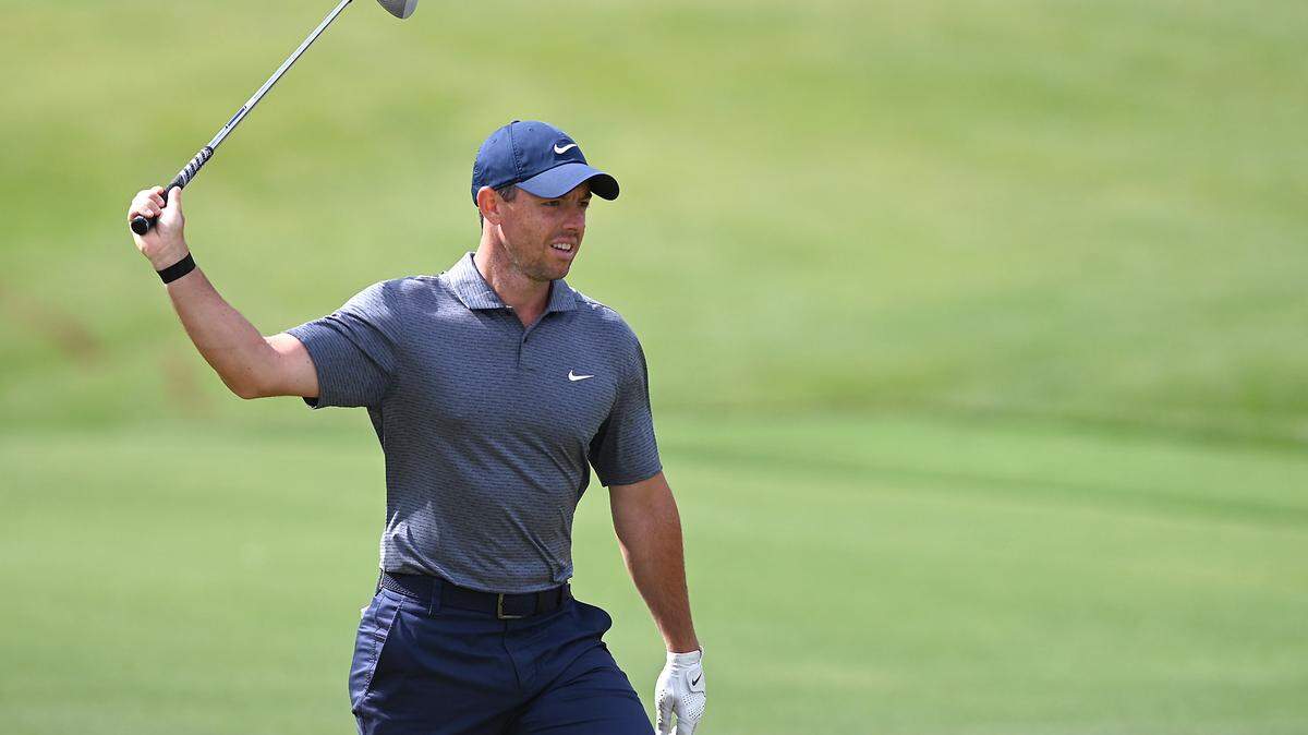 Rory McIlroy swings his club as he walks onto the 18th green during second round action of the Wells Fargo Championship at Quail Hollow Club in Charlotte, NC on Friday, May 7, 2021. McIlroy finished the round scoring a 66 and is -4 for the tournament.