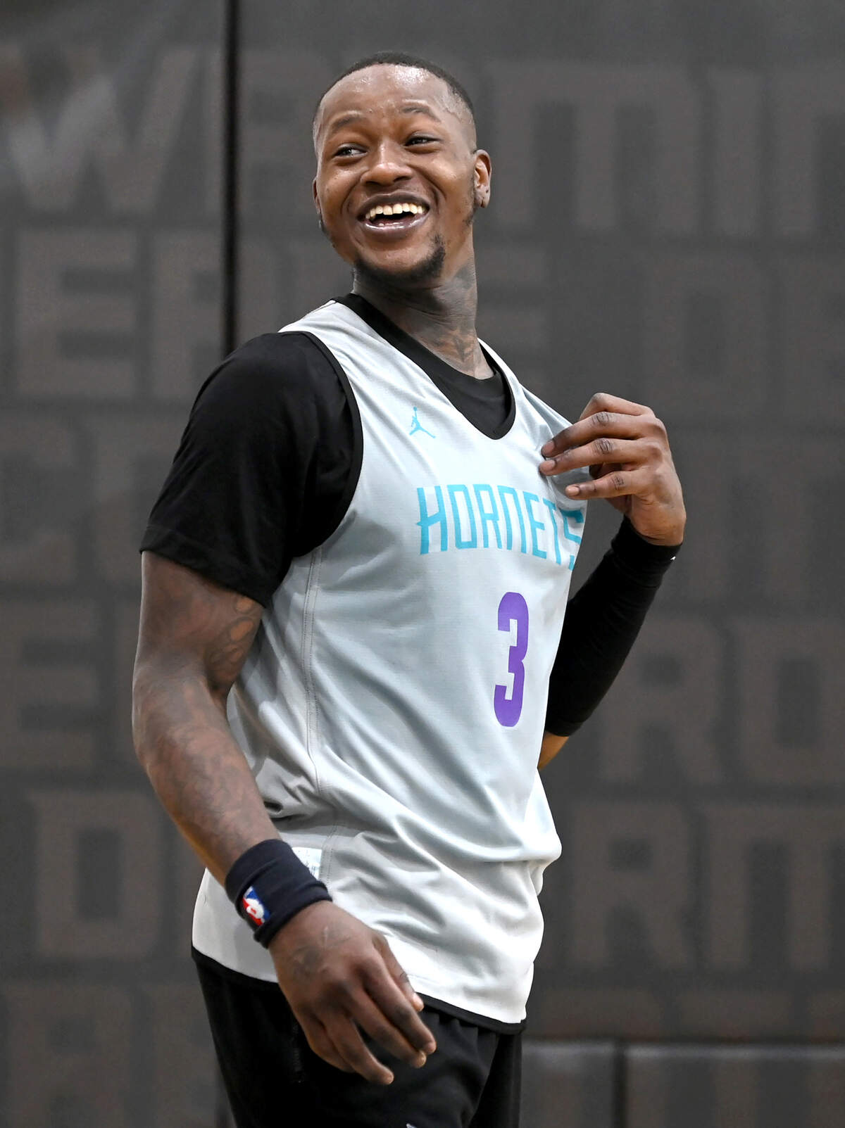 Charlotte Hornets guard Terry Rozier laughs with a teammate during the team’s practice on Tuesday, October 3, 2023 at Spectrum Center in Charlotte, NC.