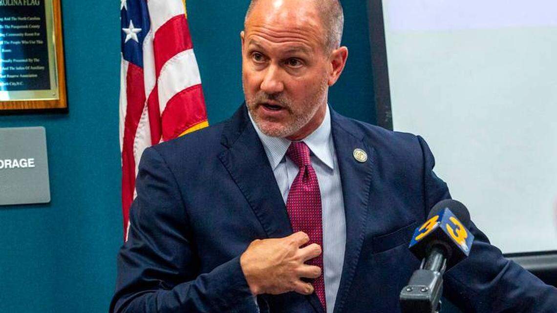 Pasquotank County District Attorney Andrew Womble answers questions from reporters after announcing he will not charge deputies in the April 21 fatal shooting of Andrew Brown Jr. during a press conference May 18 in Elizabeth City.