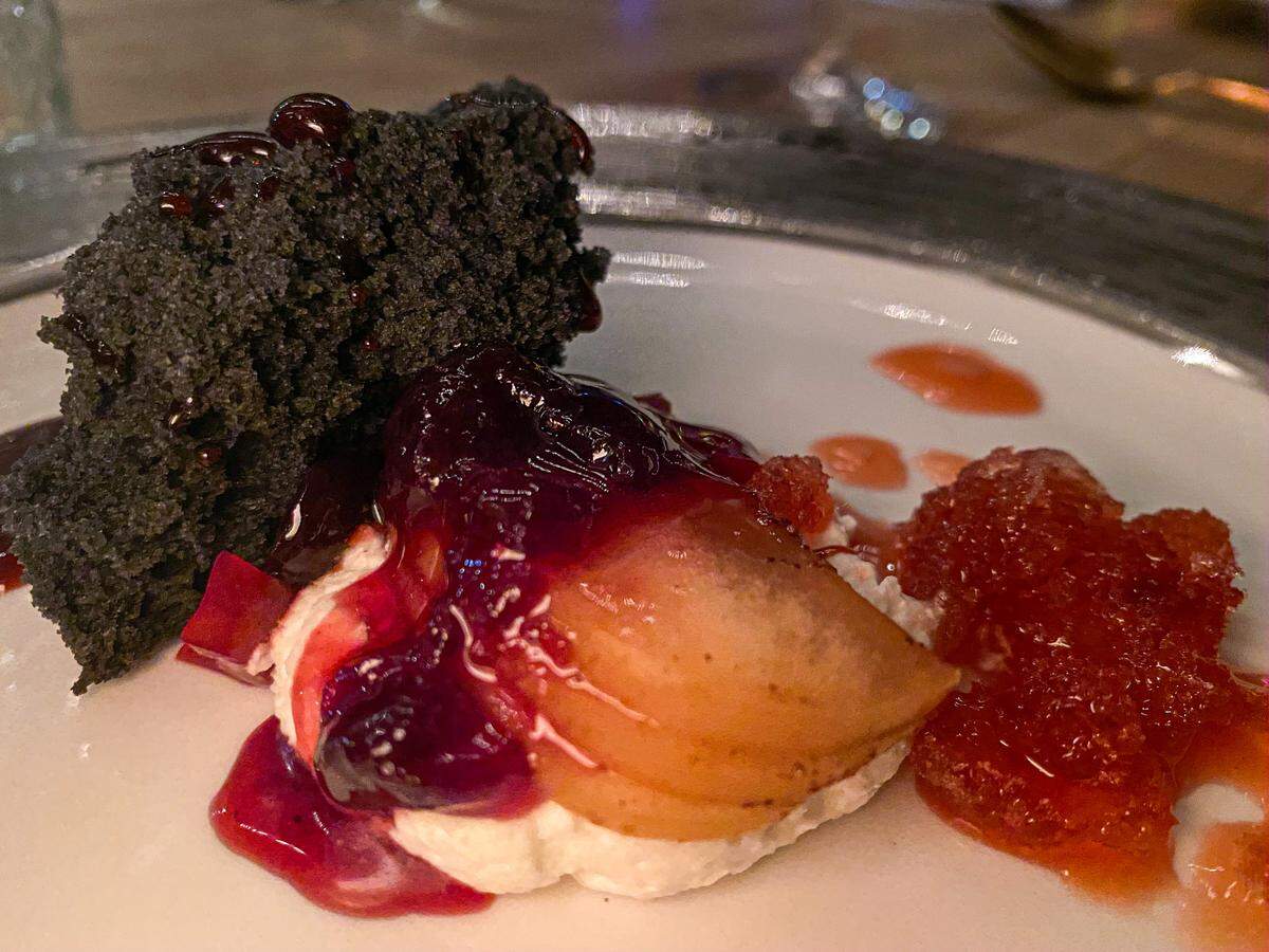Black Cheerwine Grand Marnier Poundcake, Mulled Cheerwine Granita, Cheerwine Syrup, Lacto Fermented Apples, Pickled Cherries, Chantilly at a recent Anomaly pop-up dinner. 