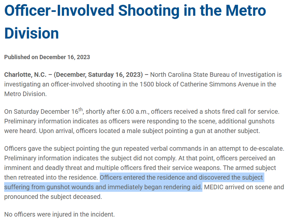 A Charlotte police statement said officers “immediately” entered the residence of Sanrico McGill to render aid after shooting him, but that wasn’t true, bodycam videos later showed.