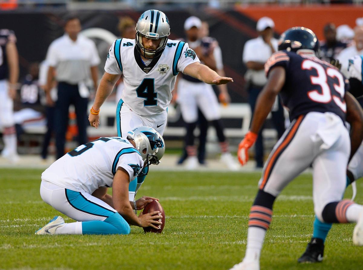 Carolina Panthers kicker Joey Slye (4) wears the same number as the Panthers’ all-time leading scorer, John Kasay.