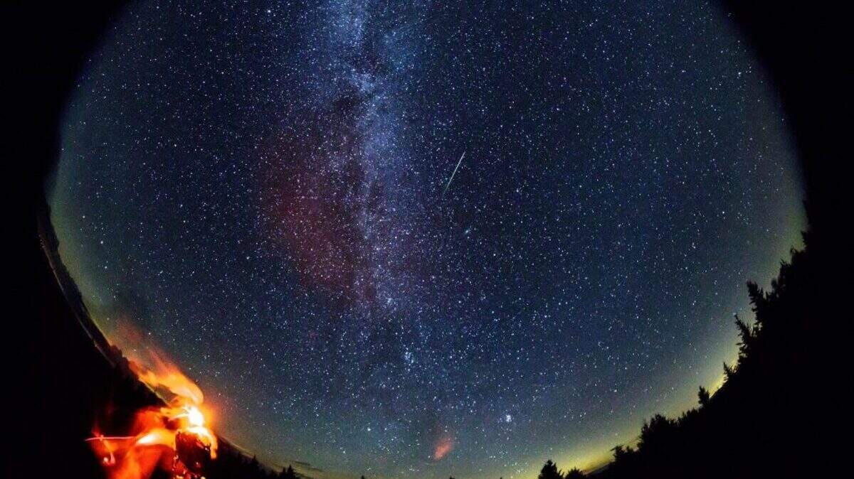 This 30-second exposure taken with a circular fish-eye lens shows a meteor streaking across the sky during the annual Perseid meteor shower on Friday, Aug. 12, 2016, in Spruce Knob, W. Va.