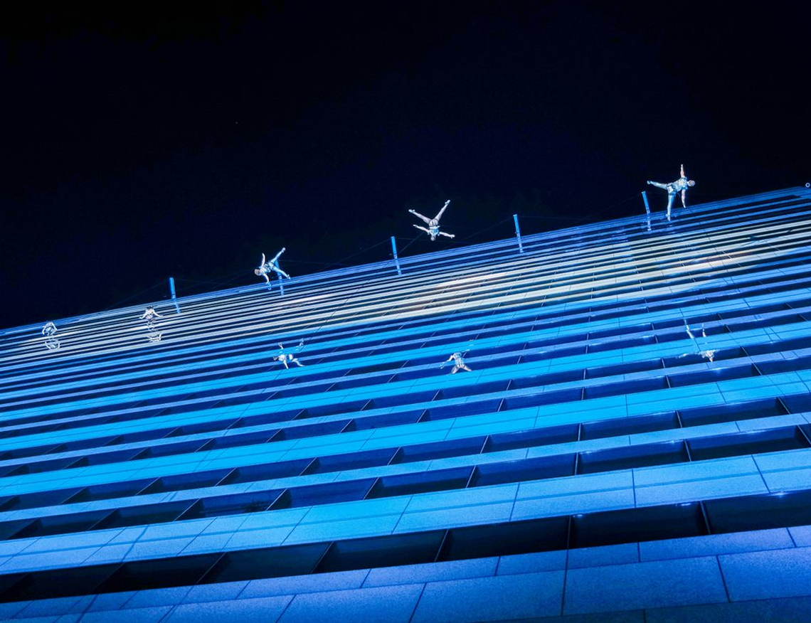 Blue Lapis Light, urban aerialists from Austin, Texas, are among the many performers coming to the Charlotte International Arts Festival. The group will be performing on — yes, on — the Government Center in uptown.