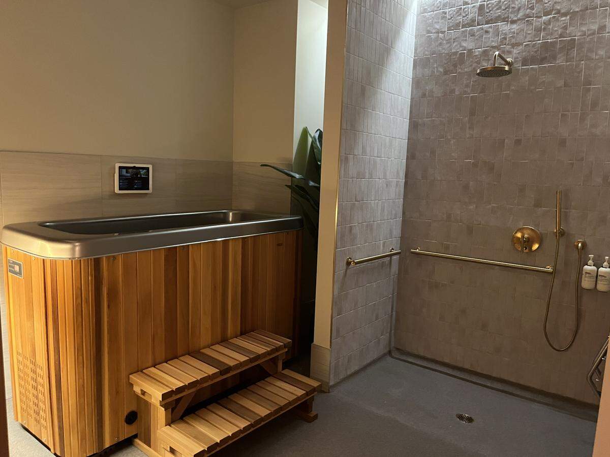 A wide shot of a wellness suite featuring a wooden cold plunge tub and an adjacent open shower. The cold plunge tub has a natural wood exterior with a metal rim, two wooden steps for entry, and a digital tablet mounted on the wall above it. To the right, the shower area has large, square grey wall tiles, gold-toned fixtures including a rainfall showerhead and handheld wand, and gold safety rails. A tall green plant is tucked into the corner between the tub and the shower.