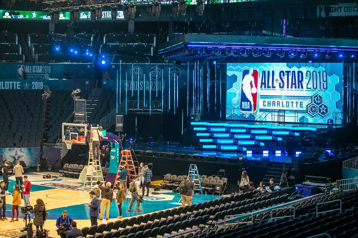 The Spectrum Center in Charlotte has been renovated in preparation for All-Star weekend with a new floor and a stage for performances.
