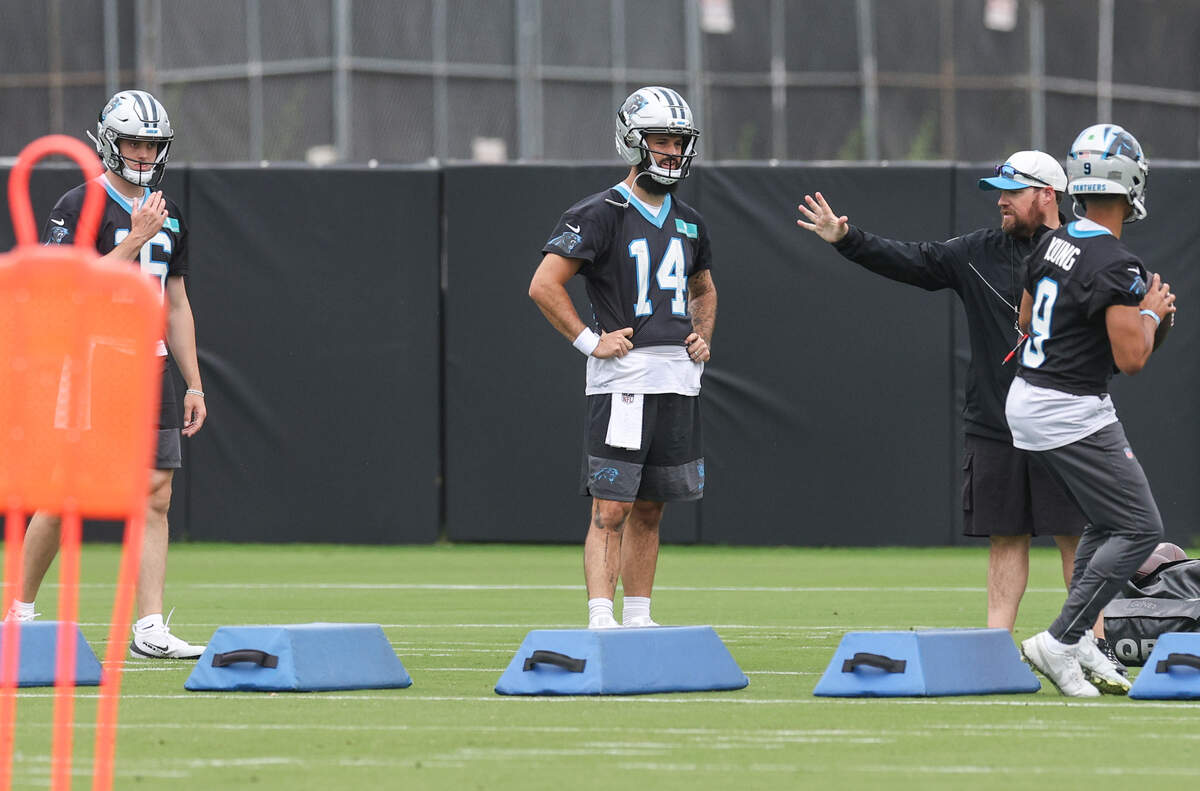 Quarterbacks Haynes King, left, Will Grier, center, and Bryce Young take part in Carolina Panthers Organized Team Activities on Tuesday, June 2, 2026.