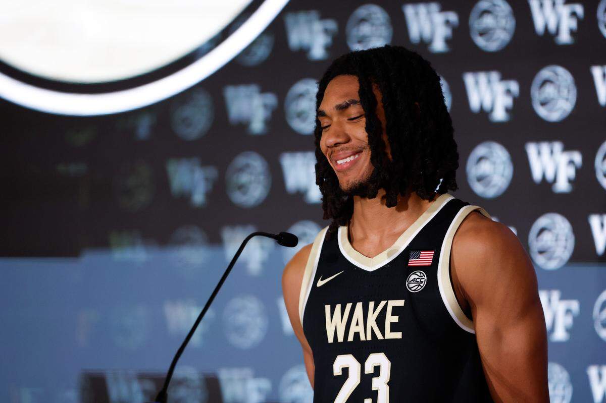 Wake Forest guard Hunter Sallis speaks to the media at the 2024 ACC Tipoff in Charlotte, N.C., Thursday, Oct. 10, 2024.