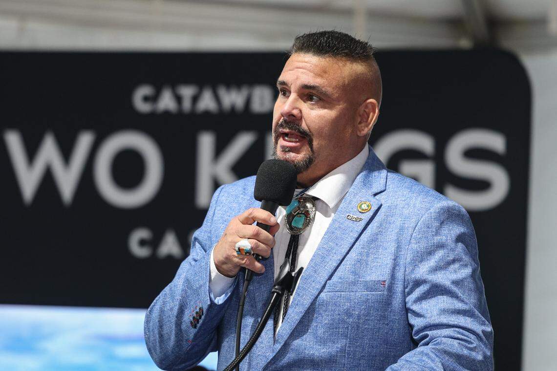 Catawba Nation Chief Brian Harris speaks at the “topping off” ceremony on Monday, Oct. 27, 2025, for the $1 billion Catawba Two Kings Casino. A crane operator placed a ceremonial beam on top of the complex’s permanent casino. 
