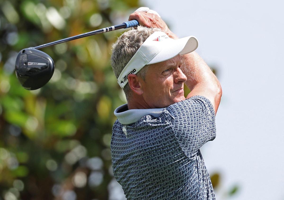 Luke Donald watches his drive from the 16th tee box during the opening round of the 107th PGA Championship at Quail Hollow Club in Charlotte, NC on Thursday, May 15, 2025.