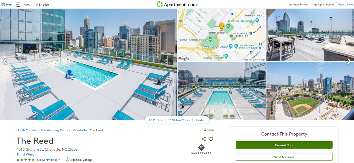 A listing for The Reed in Charlotte on Apartments.com.