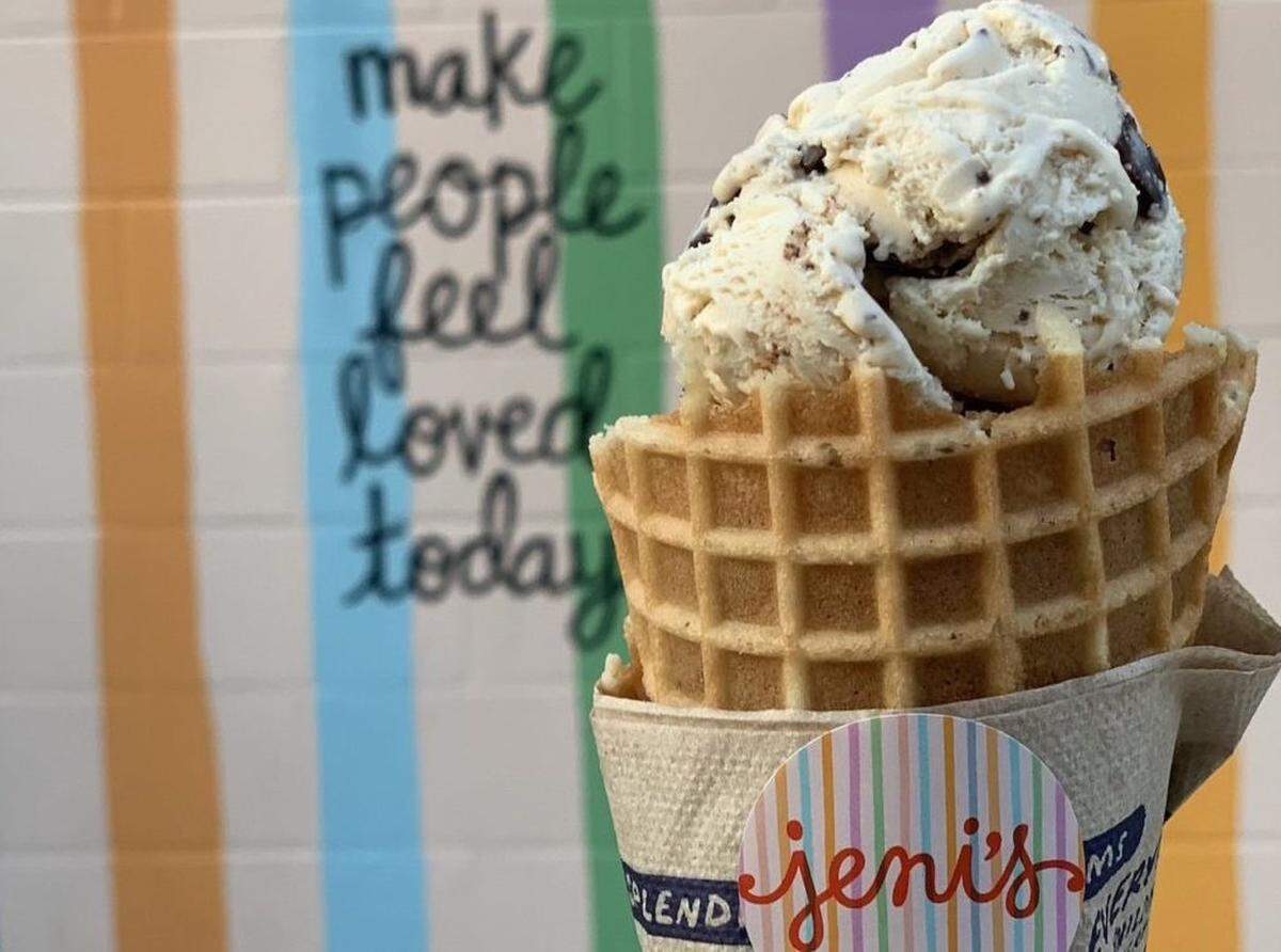 Jeni’s Splendid Ice Creams Salted Peanut Butter with Chocolate Flecks in a waffle cone.