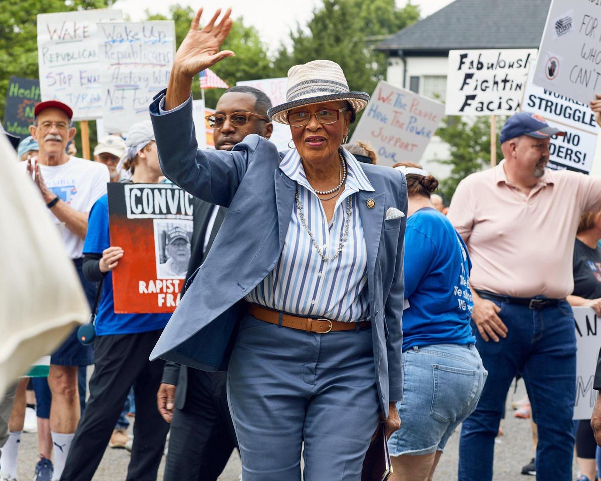 U.S. Rep. Alma Adams surprises protesters with an appearance and a speech at an anti-Trump protest in Charlotte Saturday.