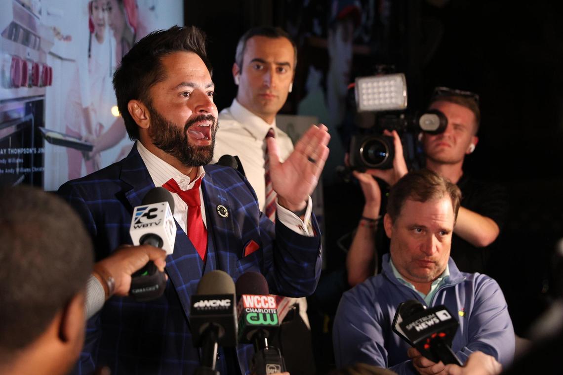 Tariq Bokhari speaks to the media after winning the race for Charlotte City Council’s District 6 seat at Selwyn Pub in Charlotte, NC on November 7, 2023.